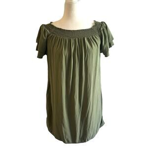 Old Navy Olive Green Short Flutter Sleeve Dress Smocked Neckline S Petite